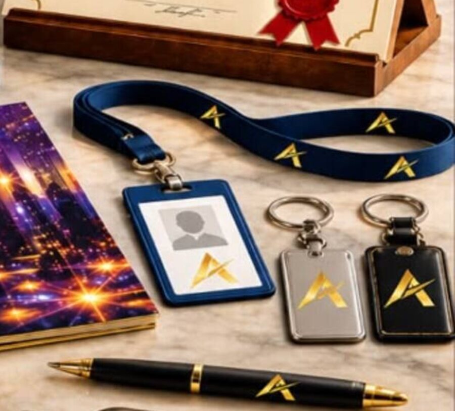 Branded lanyard, ID card holder and metal key tags by AXIMO