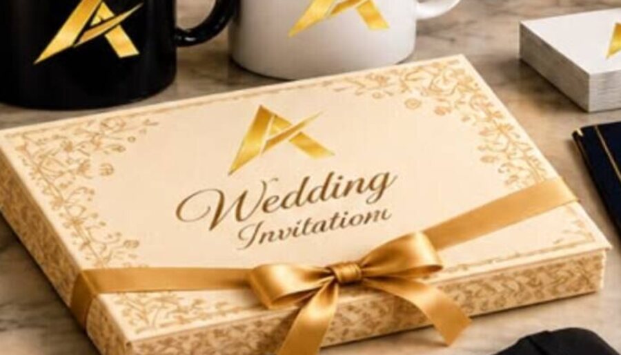 Cream and gold wedding invitation box set finished with a satin ribbon, printed by AXIMO
