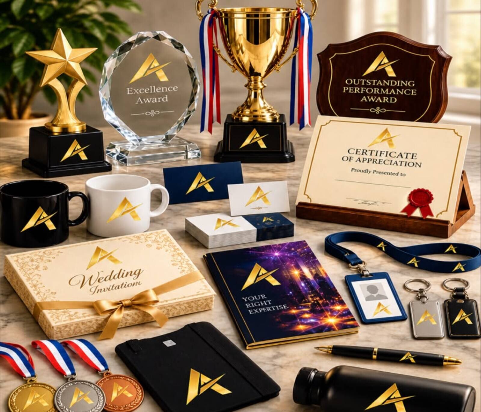 Trophies, crystal awards, medals, wedding invitations, printed stationery, mugs and branded merchandise produced by AXIMO